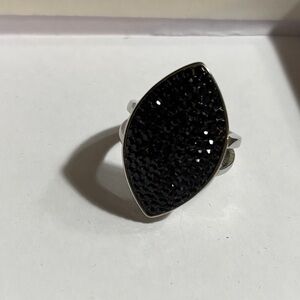 Elegant Black Silver Druzy Ring, Size 7